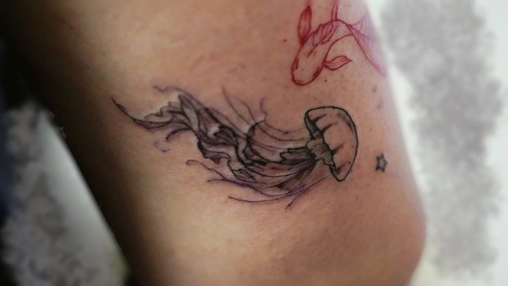 Jellyfish and koi fine line ankle piece