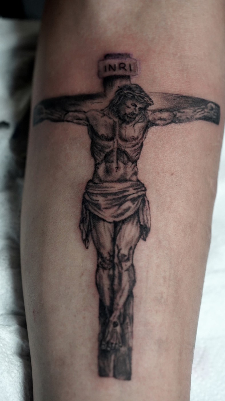 Crucifixion tattoo — OG Tatoo, Enschede